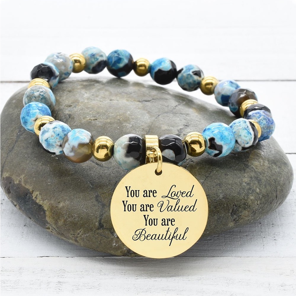 Blue Agate & 14k Gold-Plated 'You Are Loved' Stretch Bracelet